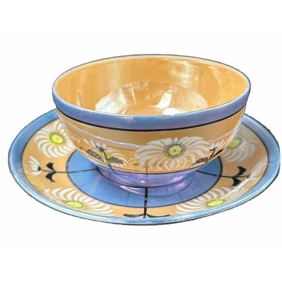 Vintage Japanese Lusterware 4 Teacups and 6 Saucers Set Iridescent Hand Painted - Picture 5 of 16